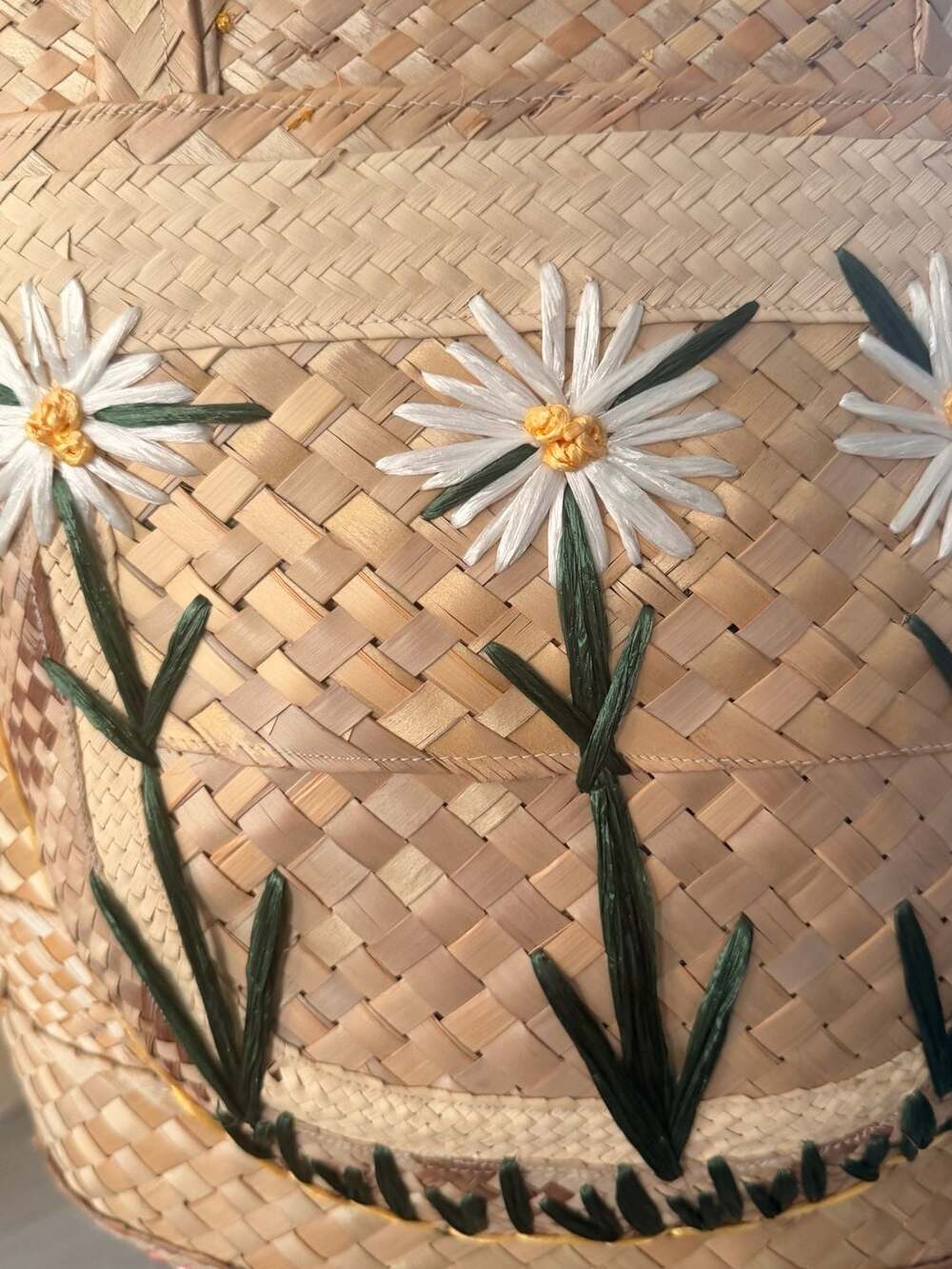 Vintage Handwoven Straw Tote Bag with Raffia Daisy Embroidery - Picture 3 of 4